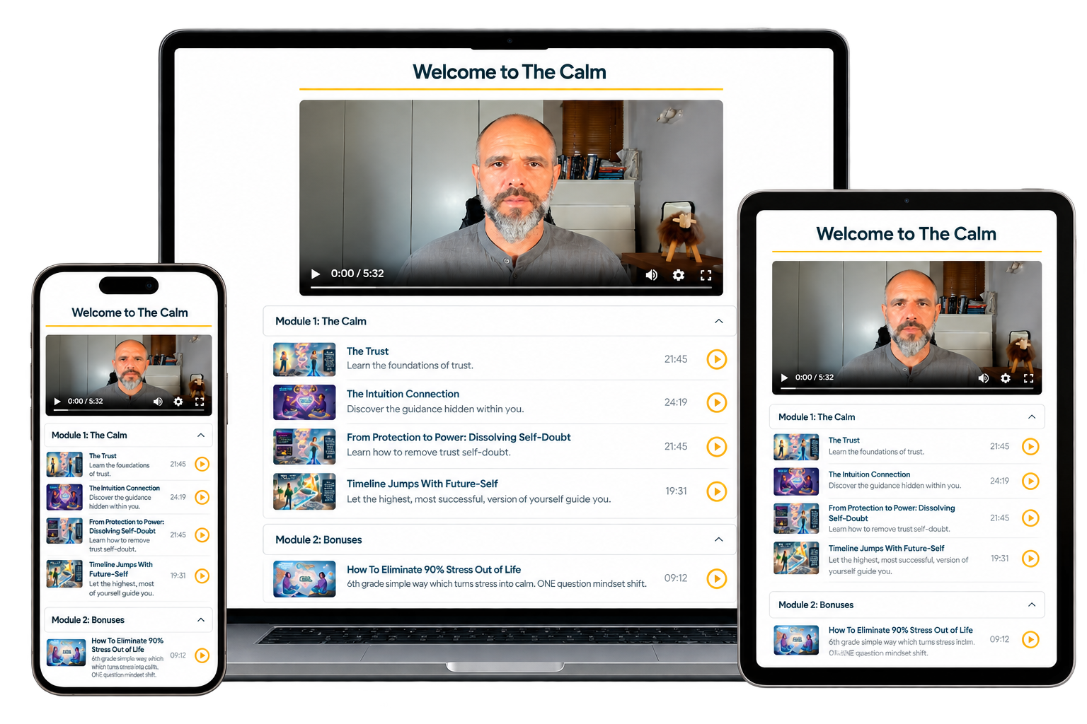 The Calm course shown on a laptop, a tablet and a phone